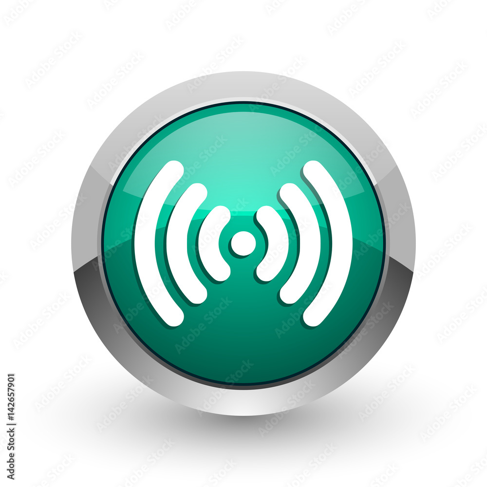 Wifi silver metallic chrome web design green round internet icon with shadow on white background. Wifi silver metallic chrome web design green round internet icon with shadow on white background.