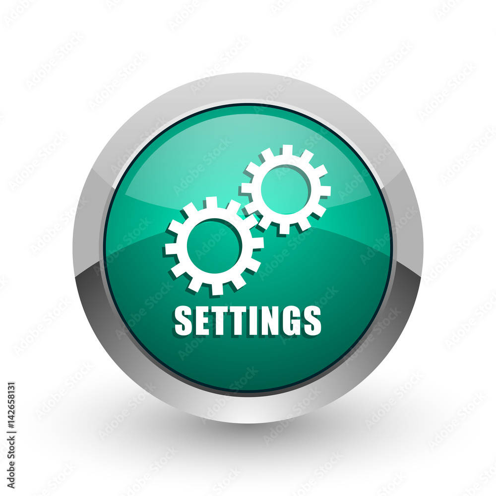 Settings silver metallic chrome web design green round internet icon with shadow on white background. Settings silver metallic chrome web design green round internet icon with shadow on white background.