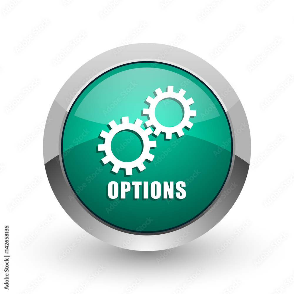 Options silver metallic chrome web design green round internet icon with shadow on white background. Options silver metallic chrome web design green round internet icon with shadow on white background.