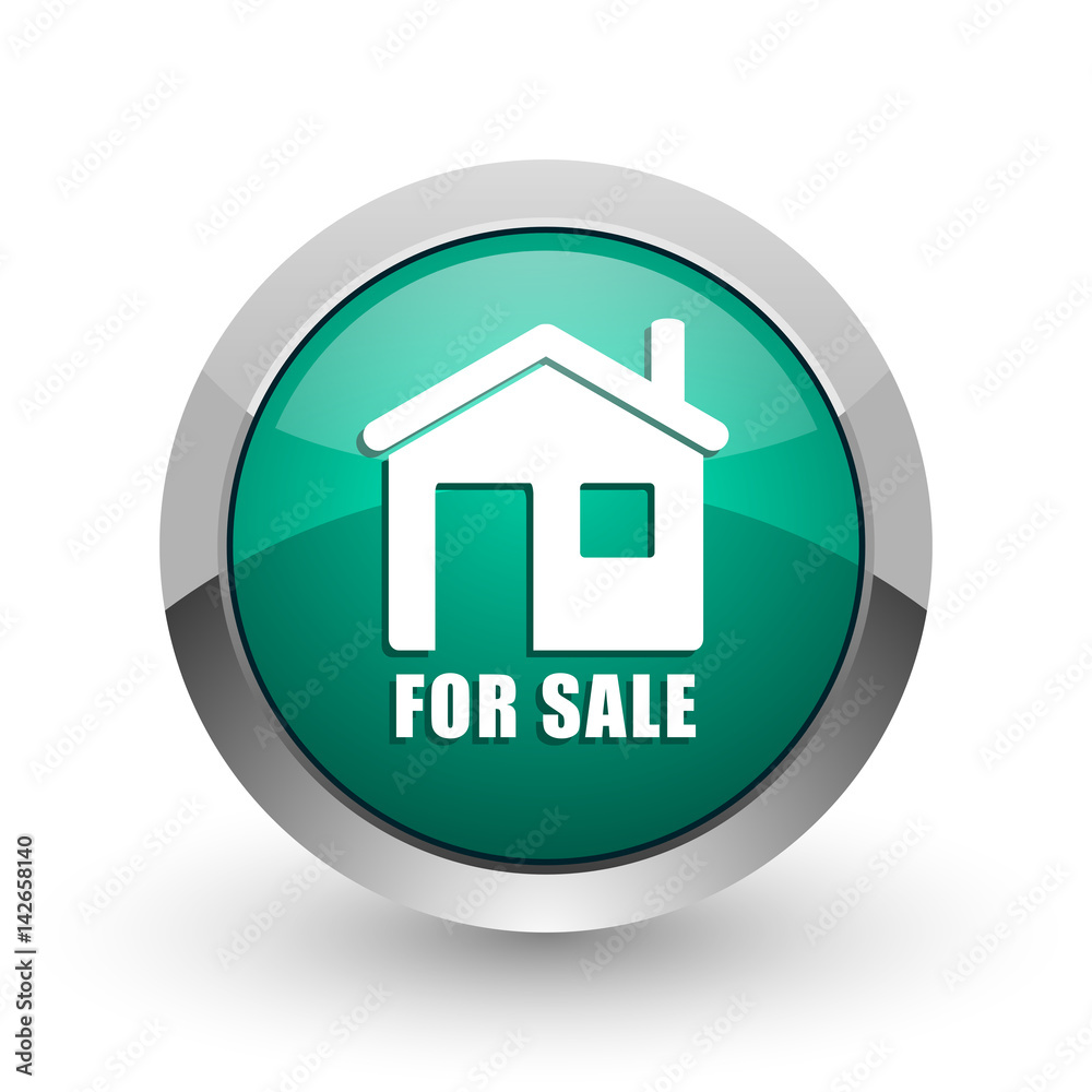 For sale silver metallic chrome web design green round internet icon with shadow on white background. For sale silver metallic chrome web design green round internet icon with shadow on white background.