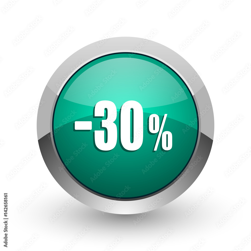 30 percent sale retail silver metallic chrome web design green round internet icon with shadow on white background.