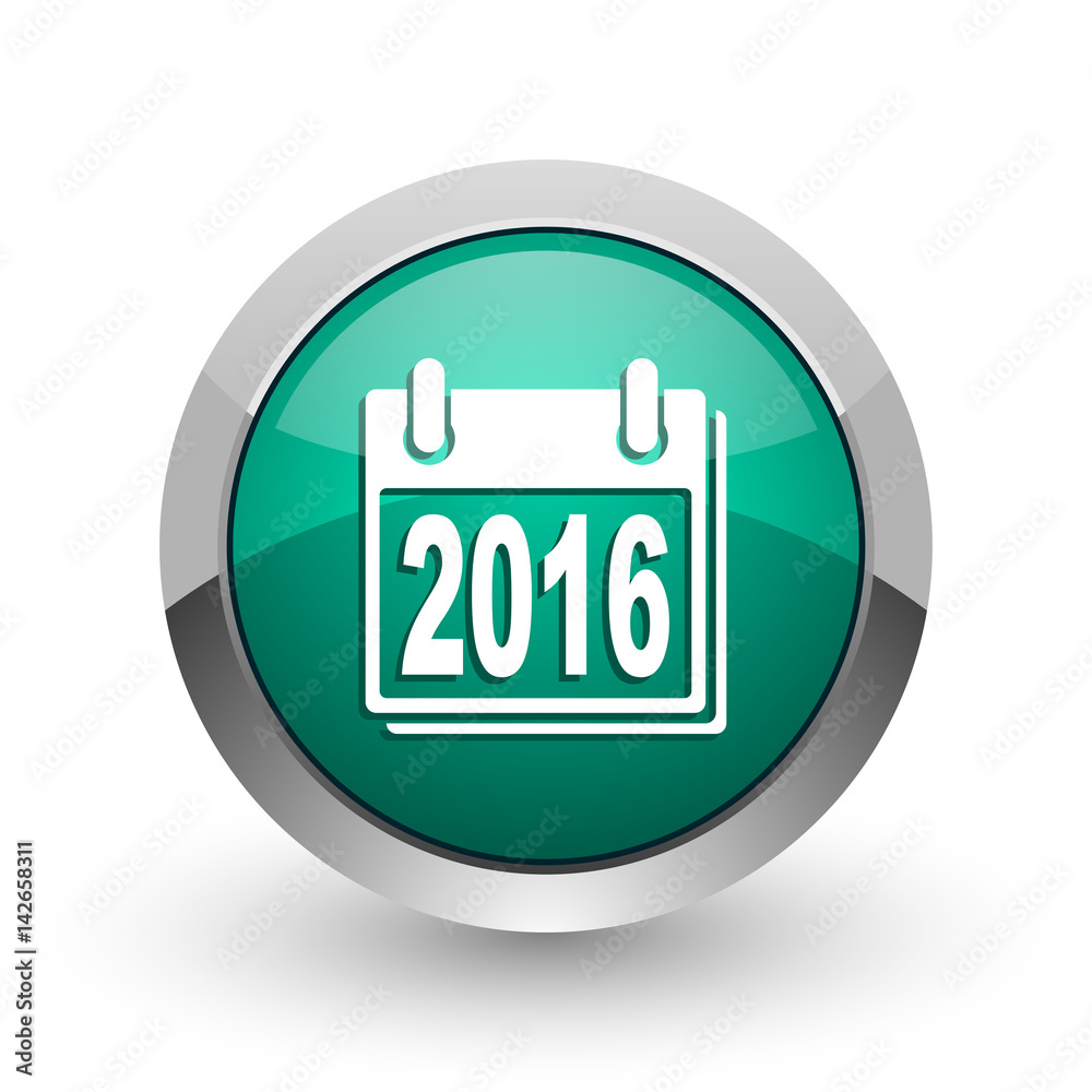 New year 2016 silver metallic chrome web design green round internet icon with shadow on white background. New year 2016 silver metallic chrome web design green round internet icon with shadow on white background.