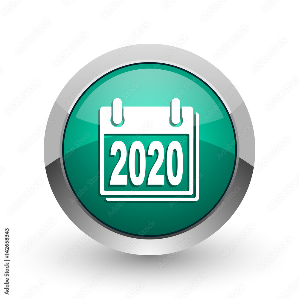 New year 2020 silver metallic chrome web design green round internet icon with shadow on white background. New year 2020 silver metallic chrome web design green round internet icon with shadow on white background.