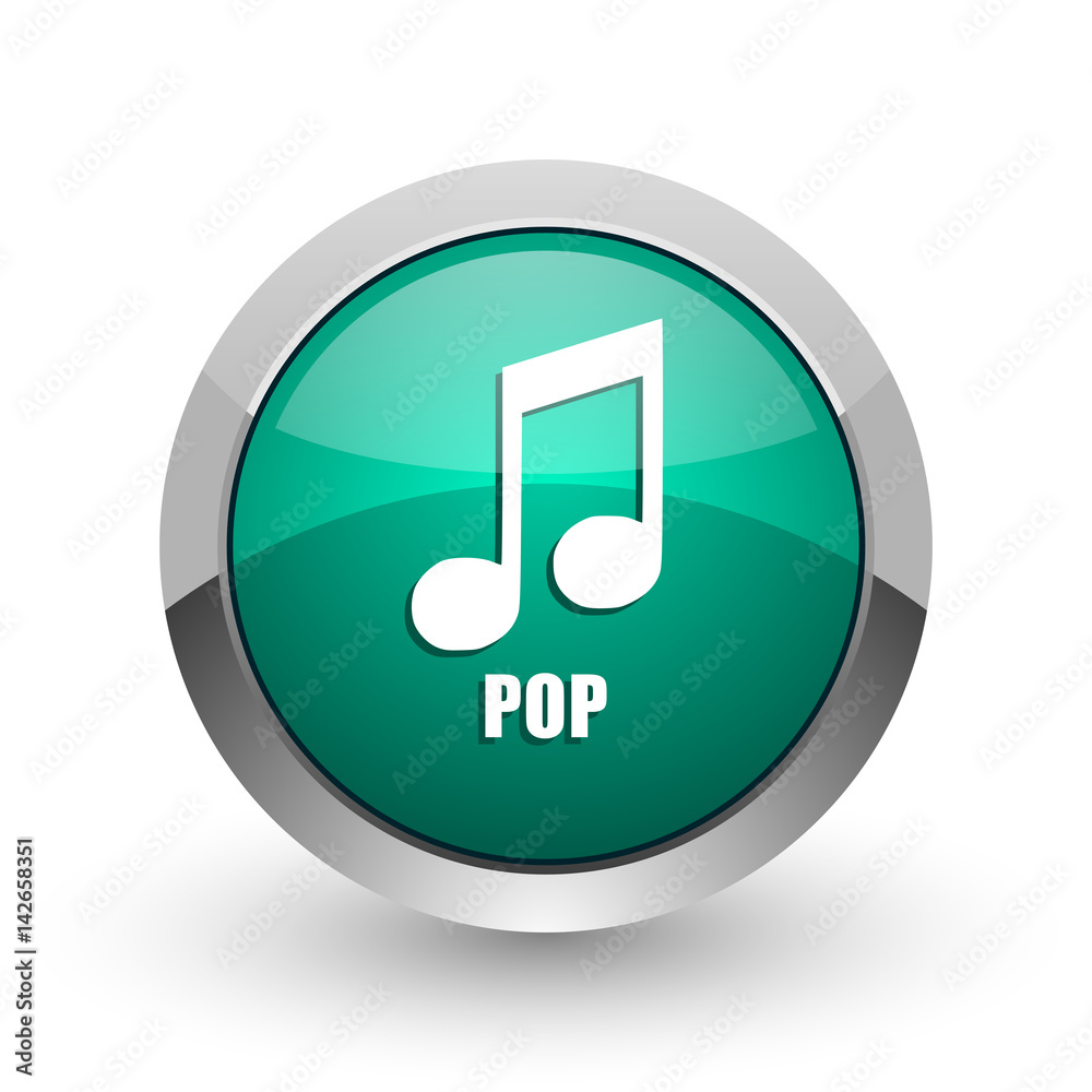 Pop music silver metallic chrome web design green round internet icon with shadow on white background. Pop music silver metallic chrome web design green round internet icon with shadow on white background.
