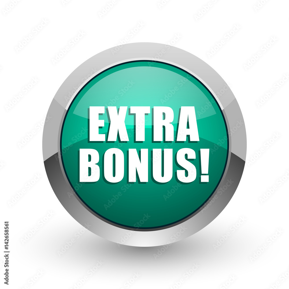 Extra bonus silver metallic chrome web design green round internet icon with shadow on white background. Extra bonus silver metallic chrome web design green round internet icon with shadow on white background.