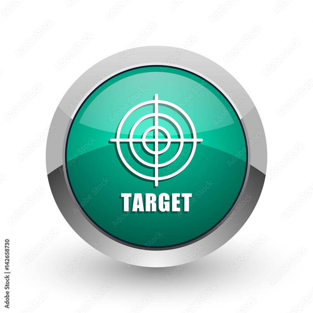 Target silver metallic chrome web design green round internet icon with shadow on white background.
Target silver metallic chrome web design green round internet icon with shadow on white background.