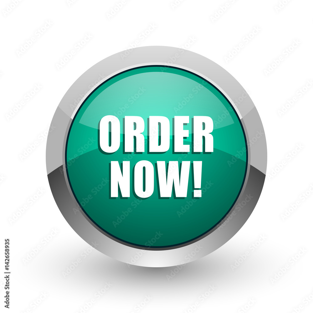 Order now web icon. Chrome metallic round internet button on white background. Order now web icon. Chrome metallic round internet button on white background.
