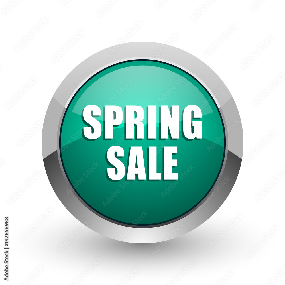 Spring sale web icon. Chrome metallic round internet button on white background. Spring sale web icon. Chrome metallic round internet button on white background.