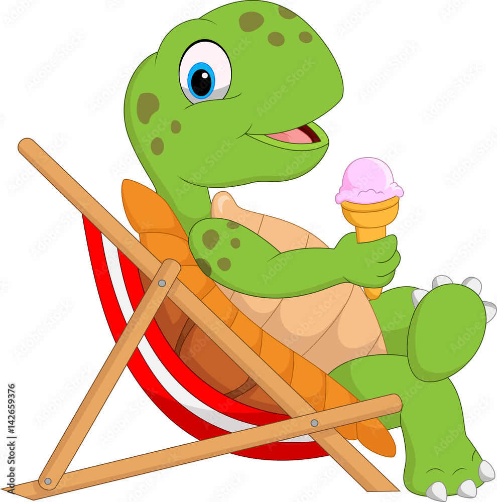 Obraz premium Cartoon turtle sitting on beach chair and holding an ice cream