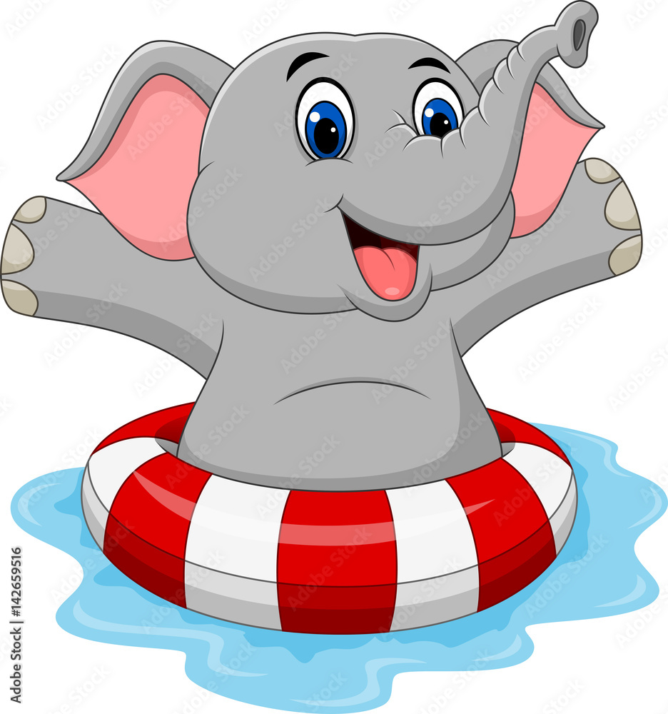 Naklejka premium Cartoon elephant with inflatable ring