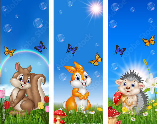 Set of tree funny animal with nature background