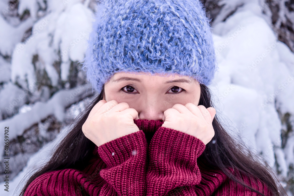 Portrait of a lady in snow weather Portrait of a lady in snow weather
