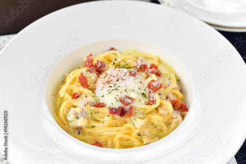 Close-Up of Classic Spaghetti Carbonara