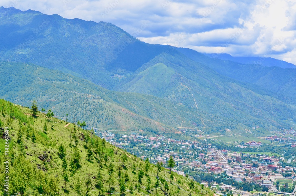 Beautiful Scenery of Thimphu City Nestled by the Himalayan Mountain Ranges