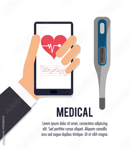 hand with smartphone thermometer medical health vector illustration eps 10