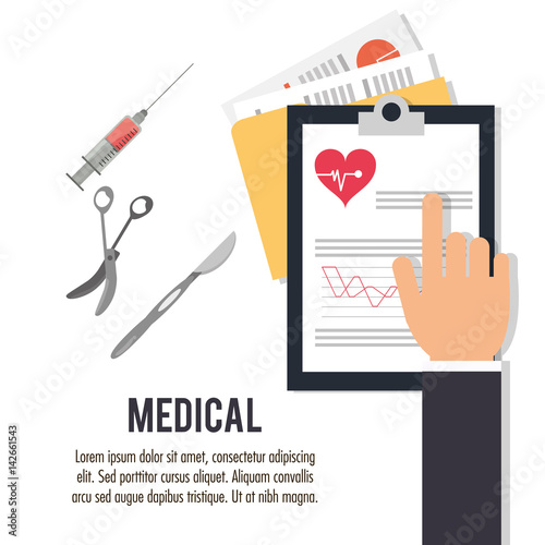 hand with clipboard scalpel scissors medical vector illustration eps 10