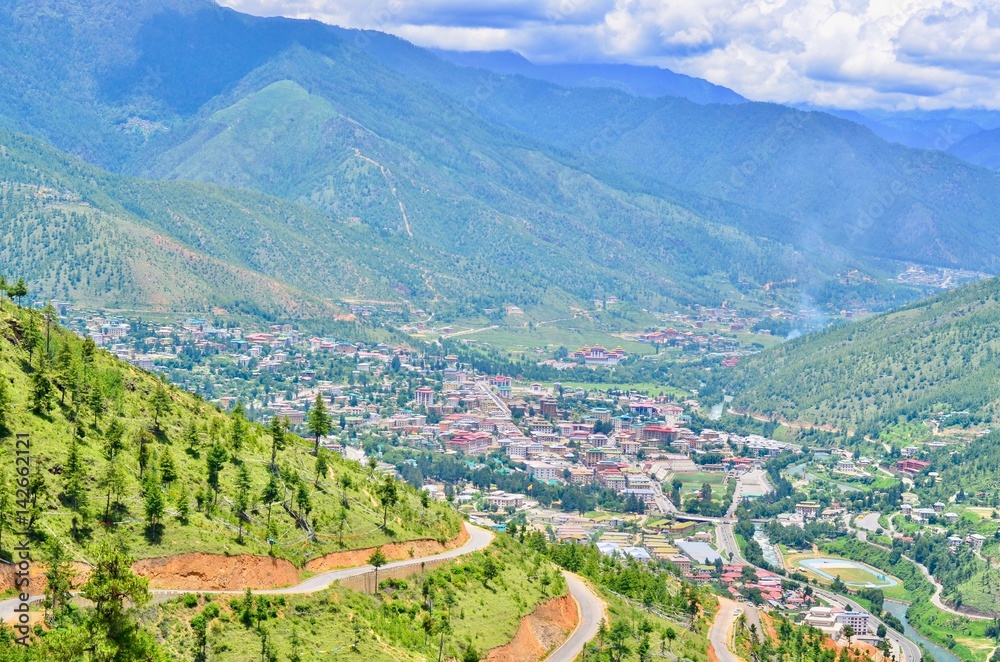 Beautiful View of Thimphu City Surrounded by the Himalayan Mountain Ranges in Bhutan