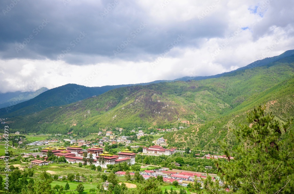 Aerial View of Tashichho Dzong in Thimphu, Bhutan