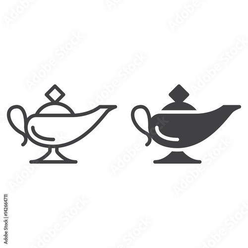 Magic oil lamp line and solid icon, outline and filled vector sign, linear and full pictogram isolated on white. Symbol, logo illustration