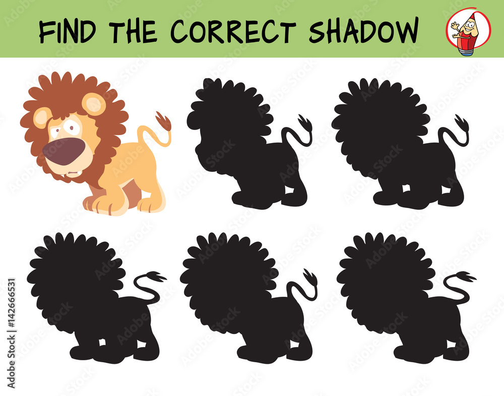 Big cats. Lion. Find the correct shadow. Educational game for children. Cartoon vector illustration. Big cats. Lion. Find the correct shadow. Educational game for children. Cartoon vector illustration.