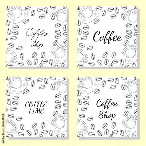 Organic coffee shop bean and cup hand drawn sketch template set for packaging cosmetic, square banner, poster, branding. design. Food and drink organic boutique.