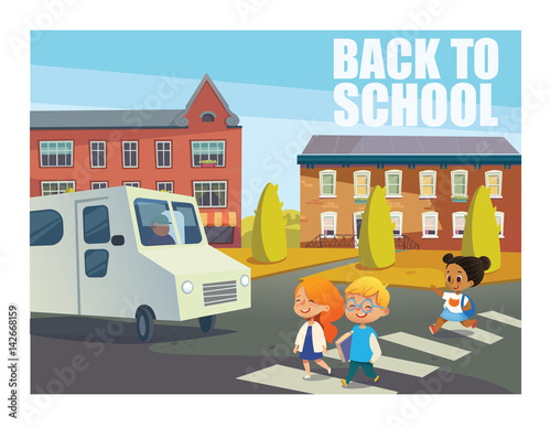 Smiling children crossing street in front of bus. Happy kids walking across pedestrian crosswalk against buildings on background. Back to school concept. Vector illustration for website, banner, ad.