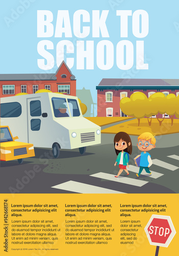 Pair of cheerful school kids walking across zebra crossing in front of stopped cars against trees and buildings on background. Educational poster with traffic sign and text box. Vector illustration.