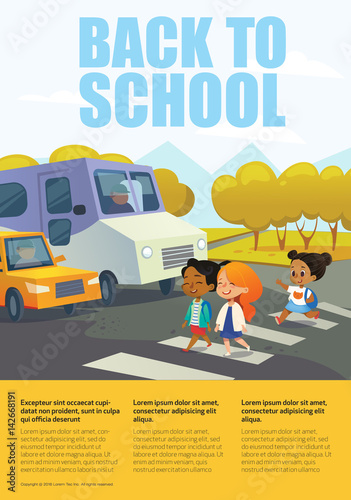 Cartoon smiling girls crossing road along crosswalk in front of stopped bus and car. Traffic safety education for primary schools concept. Educational banner with place for text. Vector illustration.