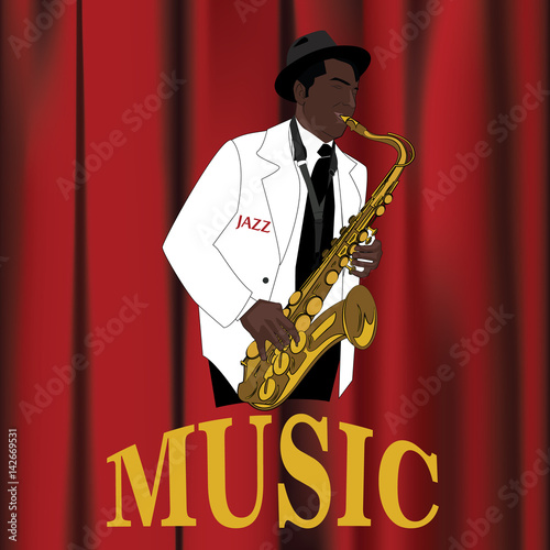 Saxophonist playing saxophone. Red drapes. Vector illustration.