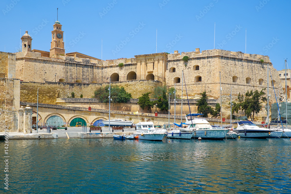 Senglea (L-Isla) fortifications as seen from Birgu. Malta