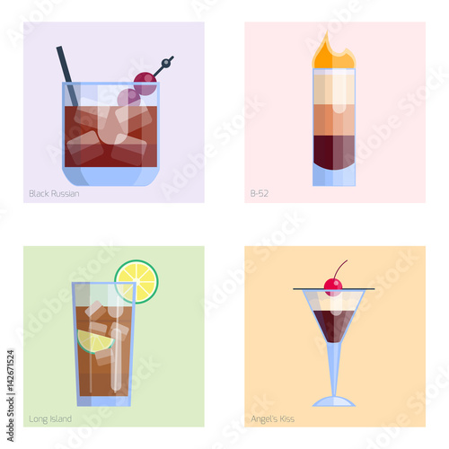 Set of alcoholic cocktails isolated fruit cold drinks tropical cosmopolitan freshness collection and party alcohol sweet tequila vector illustration.