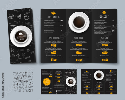 Design of a triple black menu for cafes and restaurants.