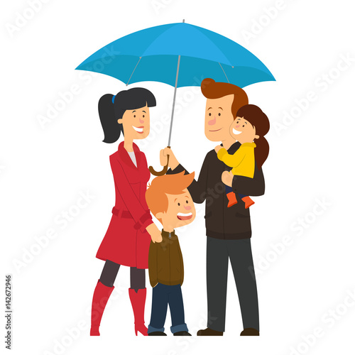Happy family under umbrella.
