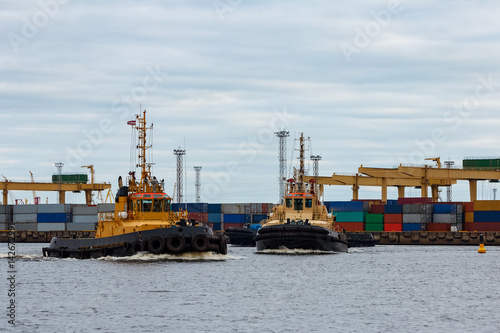 Tug ships in the cargo port of Riga, Europe