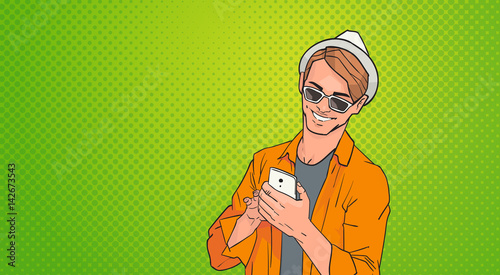 Young Man Using Cell Smart Phone Networking Online Over Pop Art Colorful Retro Style Background Vector Illustration