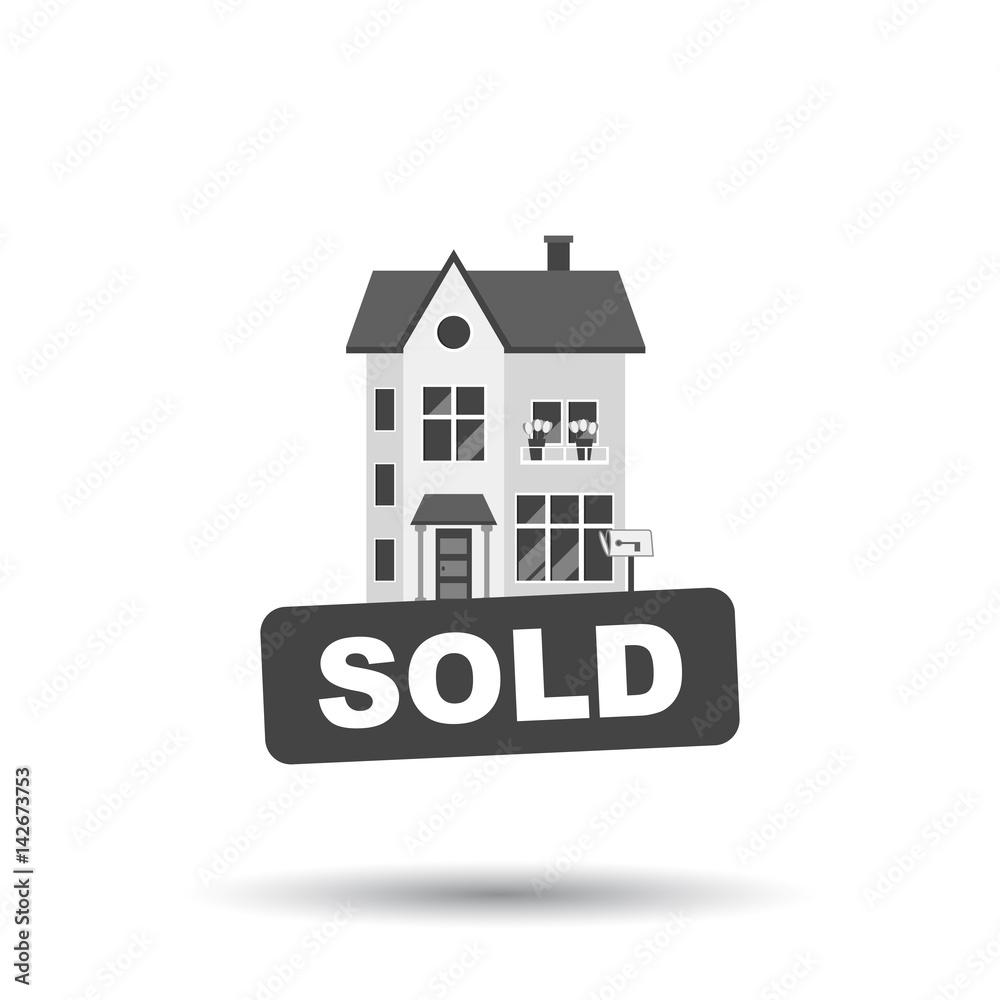 Sold sign with house. Home for rental. Vector illustration in flat style. Sold sign with house. Home for rental. Vector illustration in flat style.