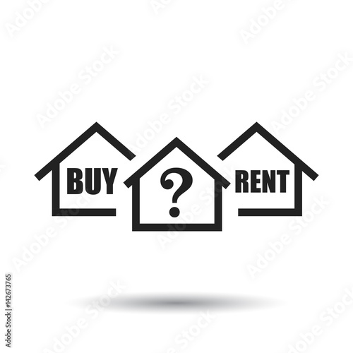 Buy or rent house. Black home symbol with the question. Vector illustration in flat style on white background.