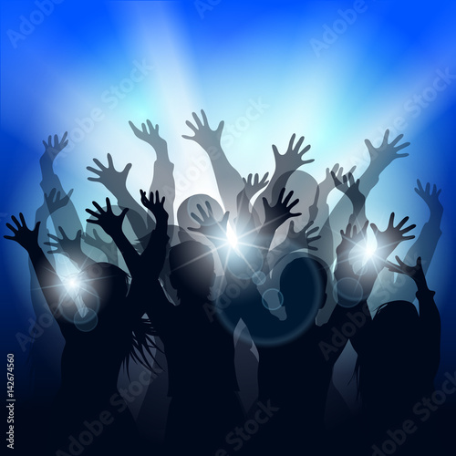 Cheering people dancing at the concert in front of bright stage lights. Party people. Festive background with silhouettes of people. Vector illustration