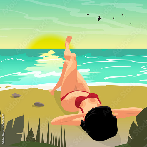 Sea landscape summer beach, palms and a private beach at sunset. Woman in a red bikini sunbathing. Vector cartoon flat illustration