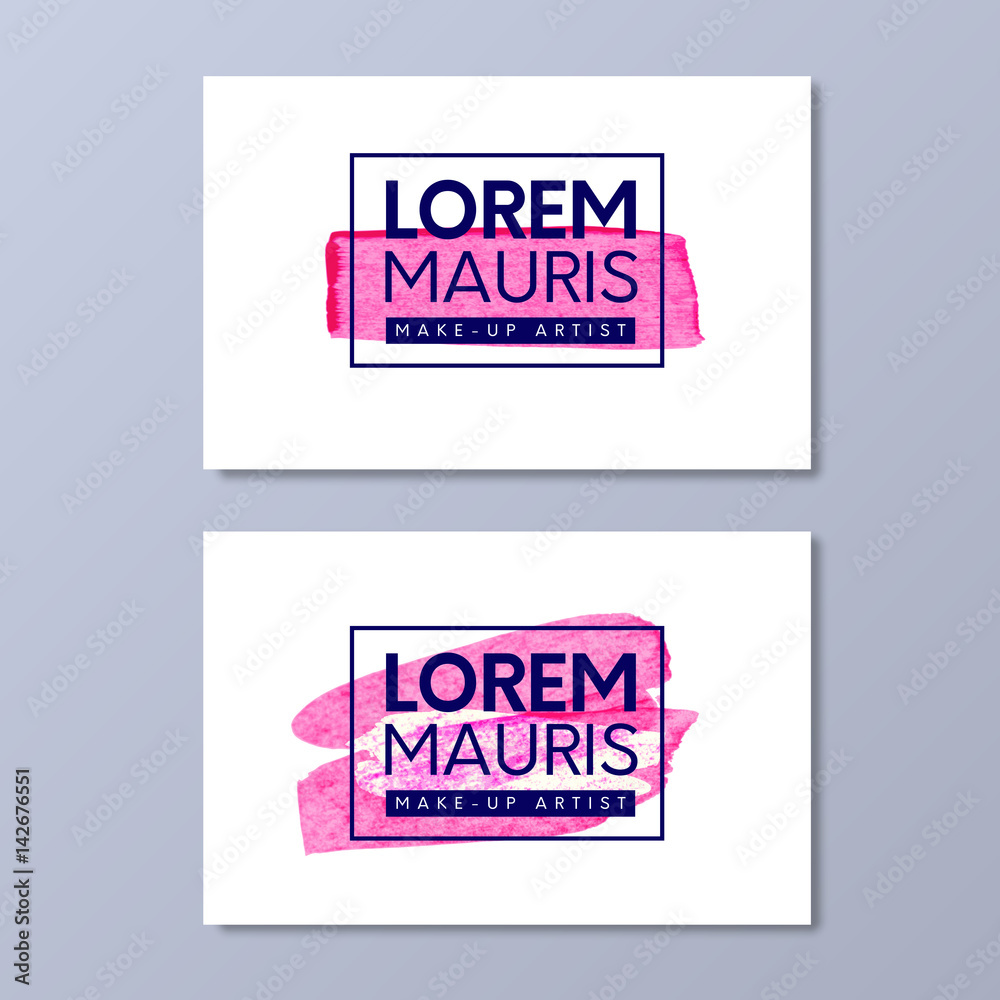 Fototapeta premium Make-up artist business card vector templates. Paint pink brush texture like lipstick mark design in frame with logo.