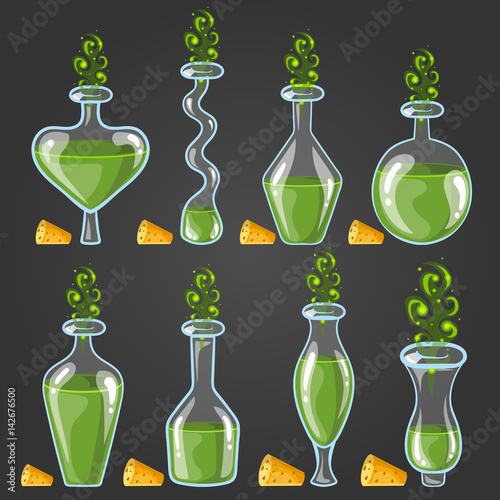 Set bottles of potion with magic smoke