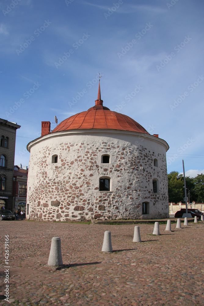 Round Tower on Market Square in small European medieval town of Vyborg