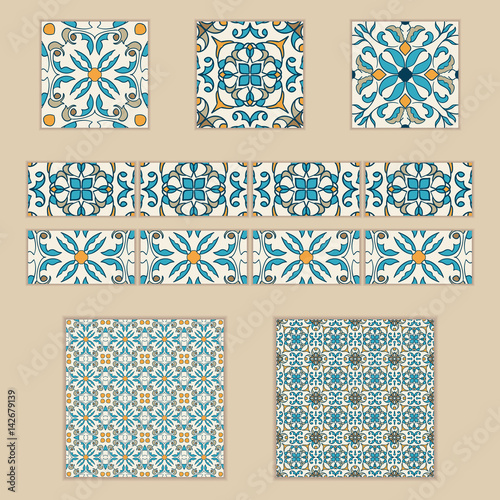 Vector set of Portuguese tiles and borders. Collection of colored patterns for design and fashion