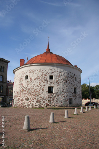 Round Tower on Market Square in small European medieval town of Vyborg