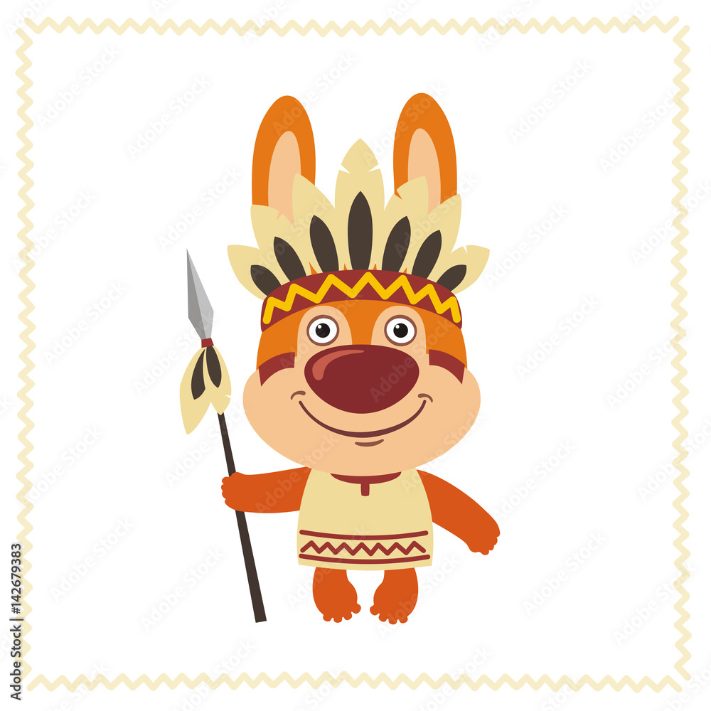 Naklejka premium Funny bunny rabbit in costume of american Indian with spear. Indian bunny rabbit in cartoon style.