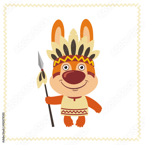 Funny bunny rabbit in costume of american Indian with spear. Indian bunny rabbit in cartoon style.