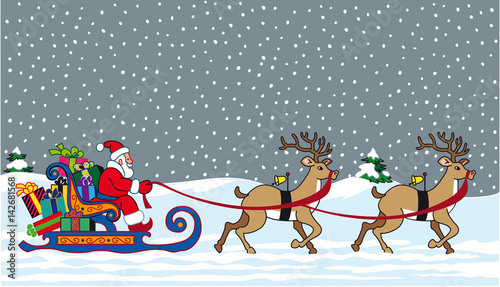 Santa Claus aboard his sleigh full of gift packs, pulled by his reindeer.