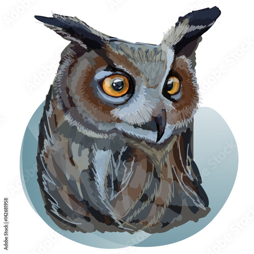 Beautiful realistic eagle-owl. Digital vector illustration. Imitation of traditional drawing.