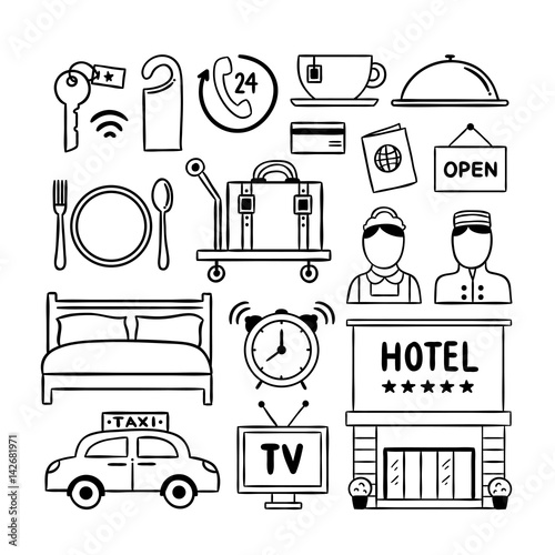 Hotel service doodle icons. Hand drawn hotel illustrations vector symbols