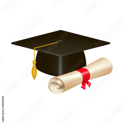 Realistic graduation cap and diploma scroll isolated on white background. Academic hat with tassel and university degree certificate. Vector illustration for announcement, banner, poster, flyer, ad.